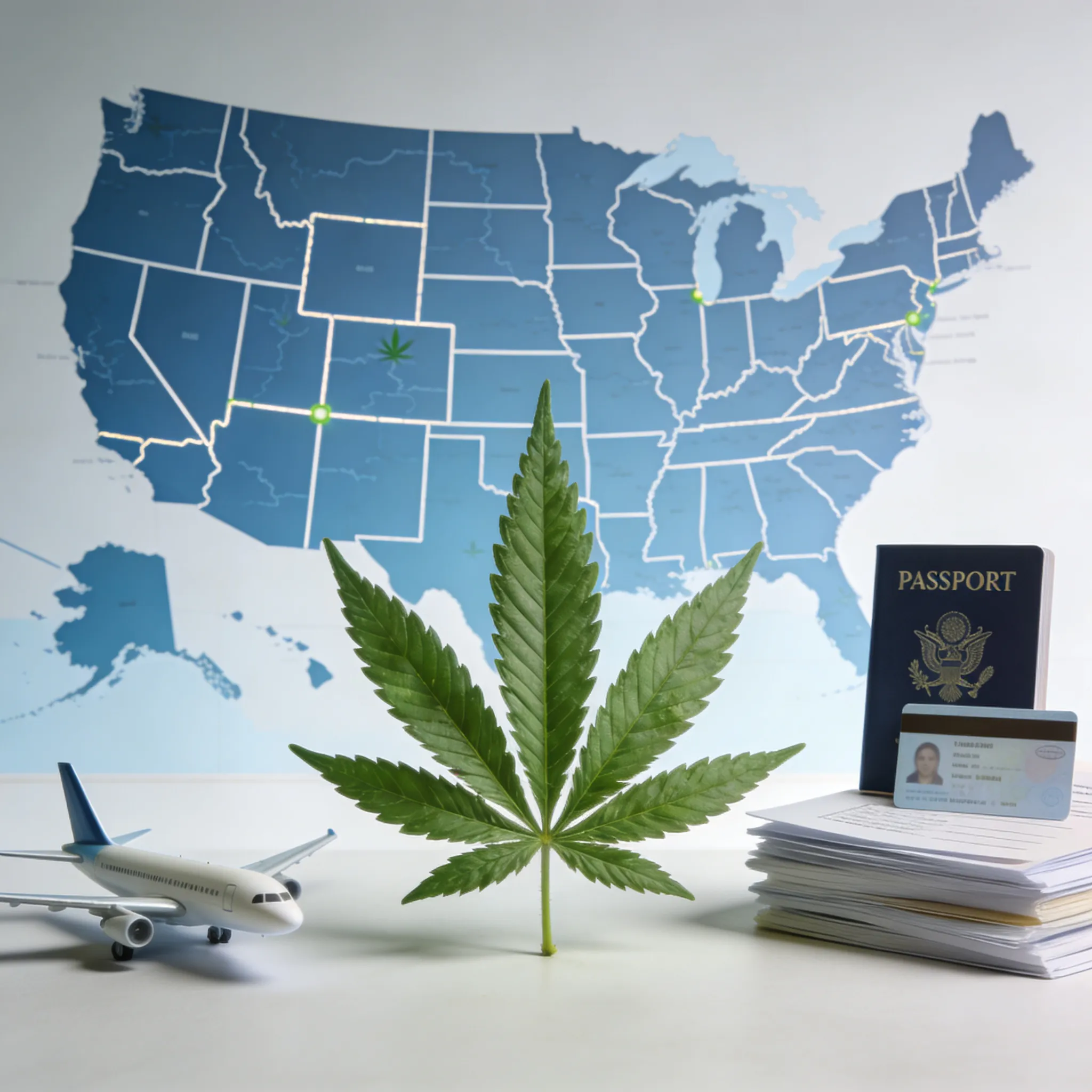 cannabis leaf, US map, passport, and ID representing traveling with a medical marijuana card